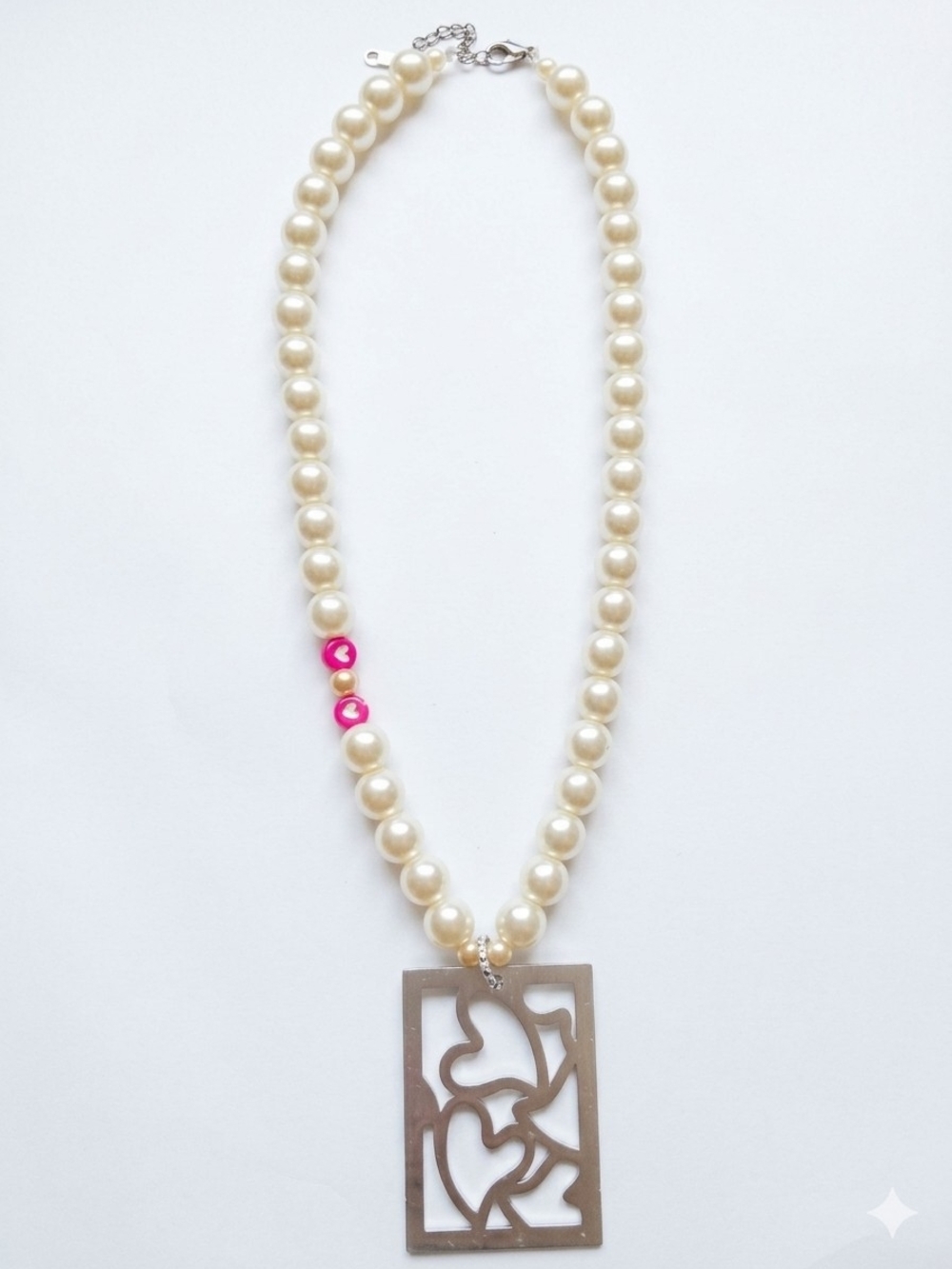 Pearl Bead Necklace with Silver Filigree Pendant - Cream and Pink